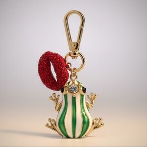 Green and Gold Frog Keychain with Red Accent